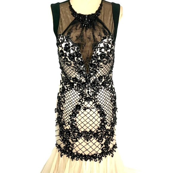 Jolene Mermaid Chiffon Beaded Rhinestone Prom Gown Black Ivory Pageant Size M - Picture 3 of 12
